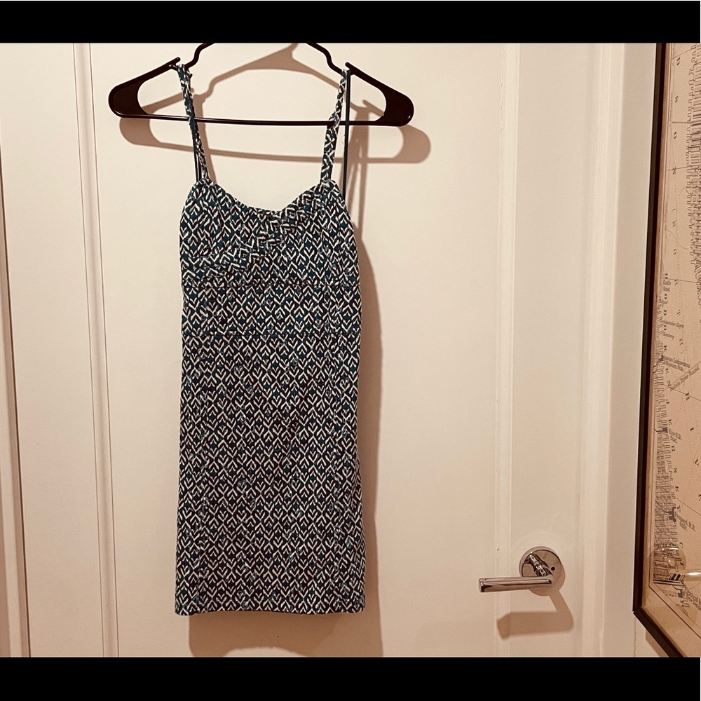 Free People Teal and White Patterned Mini Dress with Open Back (Small)